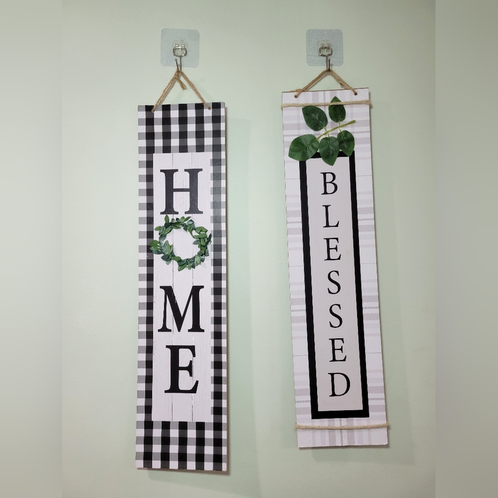 2pc Set Large Black and White Home and Blessed Wall Signs. Indoor Outdoor Porch